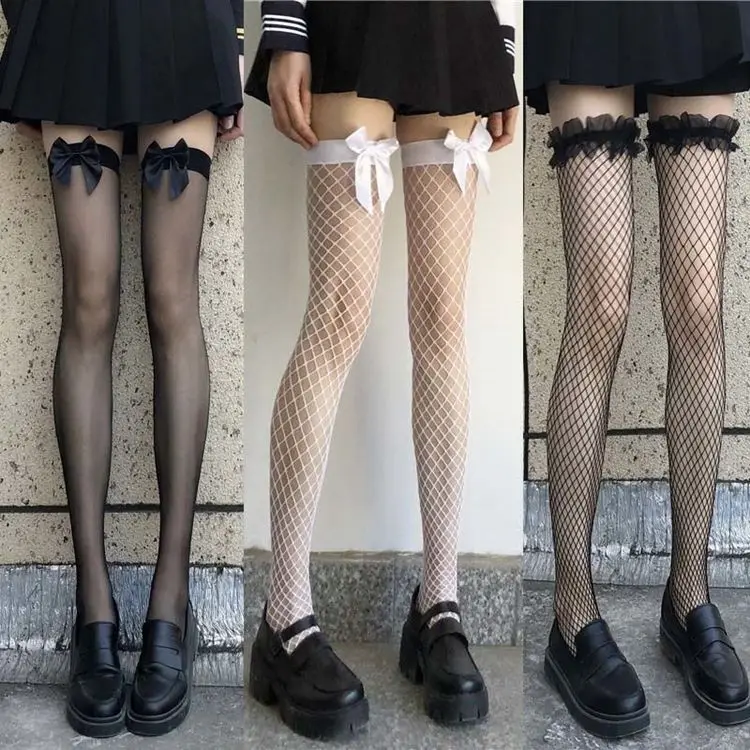 여성 레이스 망사 스타킹, 흰색 스타킹, 활 로리타 긴 튜브, 무릎 길이, 여름 얇은 Jk 양말, 흰색 허벅지 높은 양말