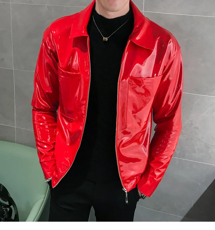 vintage leather bomber jacket PFNW Shiny Leather Jackets Men's Costume Red Black Brown Nightclub Club Men's Leather Jacket Solid Color Slim Men's Jacket Coats western leather jacket