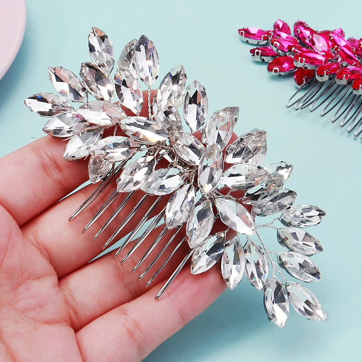 Silber Kristall Braut Haarkamm Exquisite Strass Blatt handgemachte Pony Haarspange Kopfschmuck tägliche Kopfbedeckung für Frauen – Detail 5
