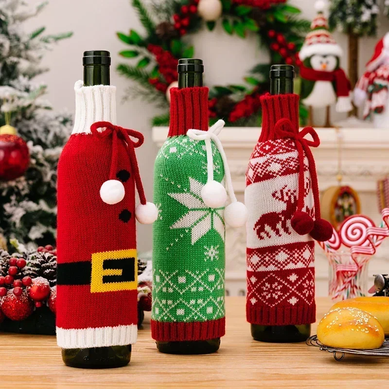 Knitted Red Wine Bottle Covers for Christmas Party Decorations