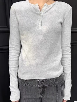 Gray Waffle Slim Long Sleeve Tees Women Autumn Cotton Buttons Simple Basic Street T Shirt Tops Vintage Chic Sweet T-shirts Y2K 1