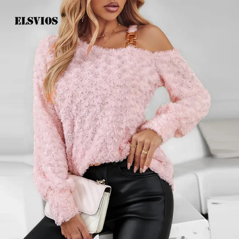 

Женский бархатный свитер с цветочным принтом, модный однотонный Повседневный Свободный топ с длинными рукавами, открытыми плечами и металлической цепочкой, женская одежда на осень и зиму