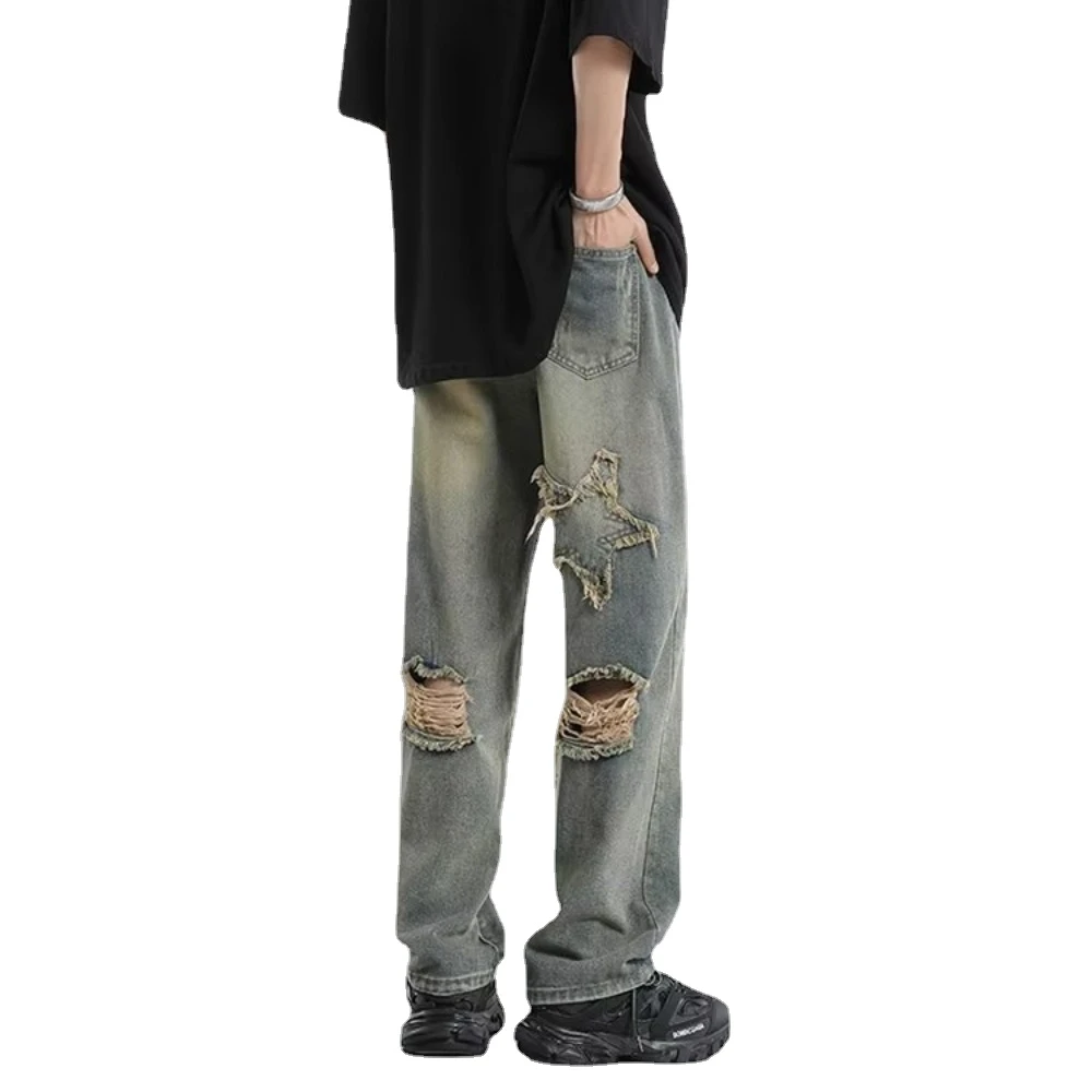 2023 Autumn Jeans Slim Hole Jeans For Men With Five-Pointed Star Ripped Jeans Street Casual Blue Denim Pants y2k streetwear
