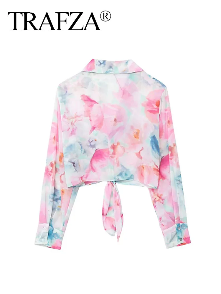 TRAFZA Summer Blouse Woman Trendy Print Turn-Down Collar Long Sleeves Bow Decorate Single Breasted Female Bohemian Shirts