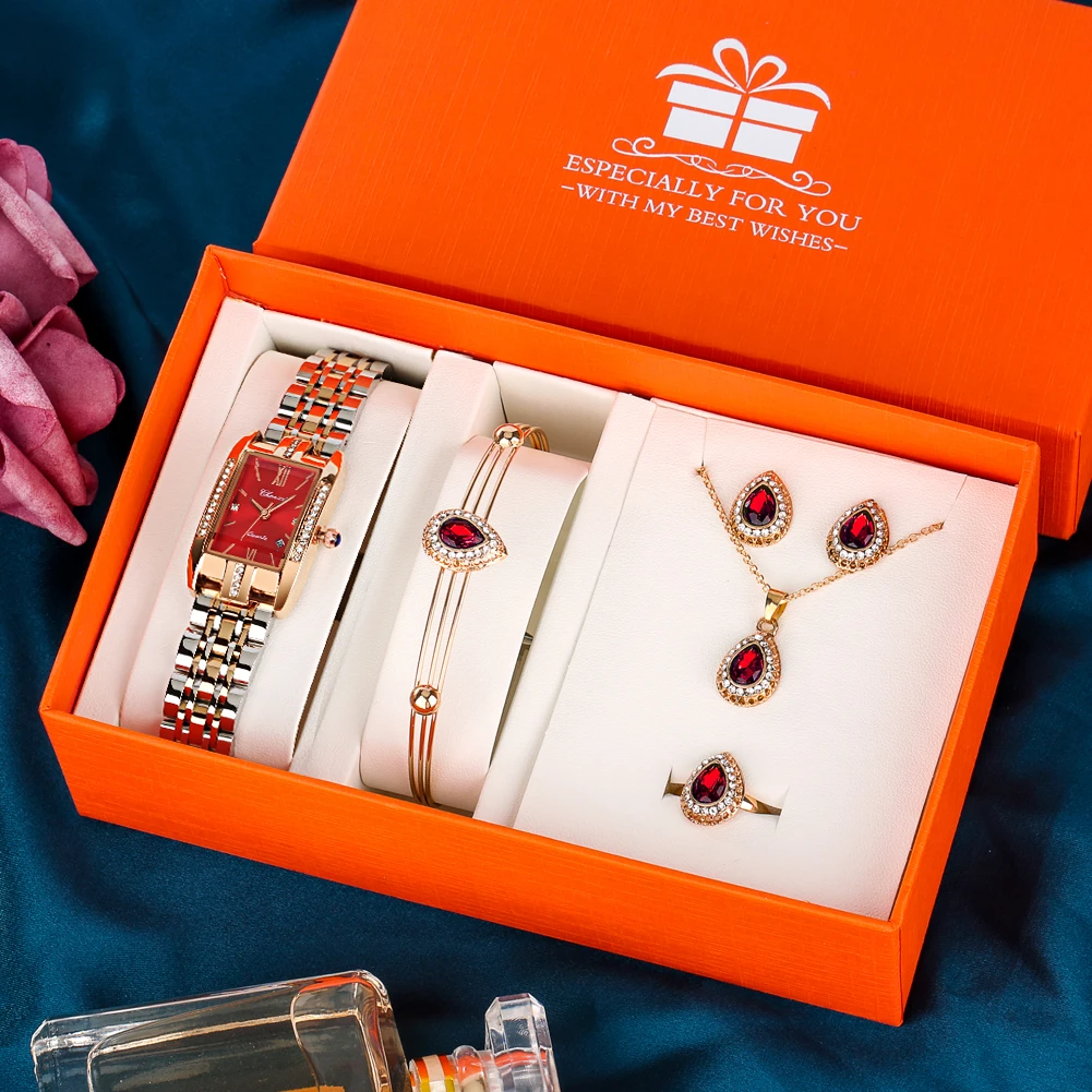 New Fashion Quartz Wrist Watch for Women Luxury Necklace Ring Jewelry Gift Box for Ladies Elegant Watches Set Reloj De Mujer