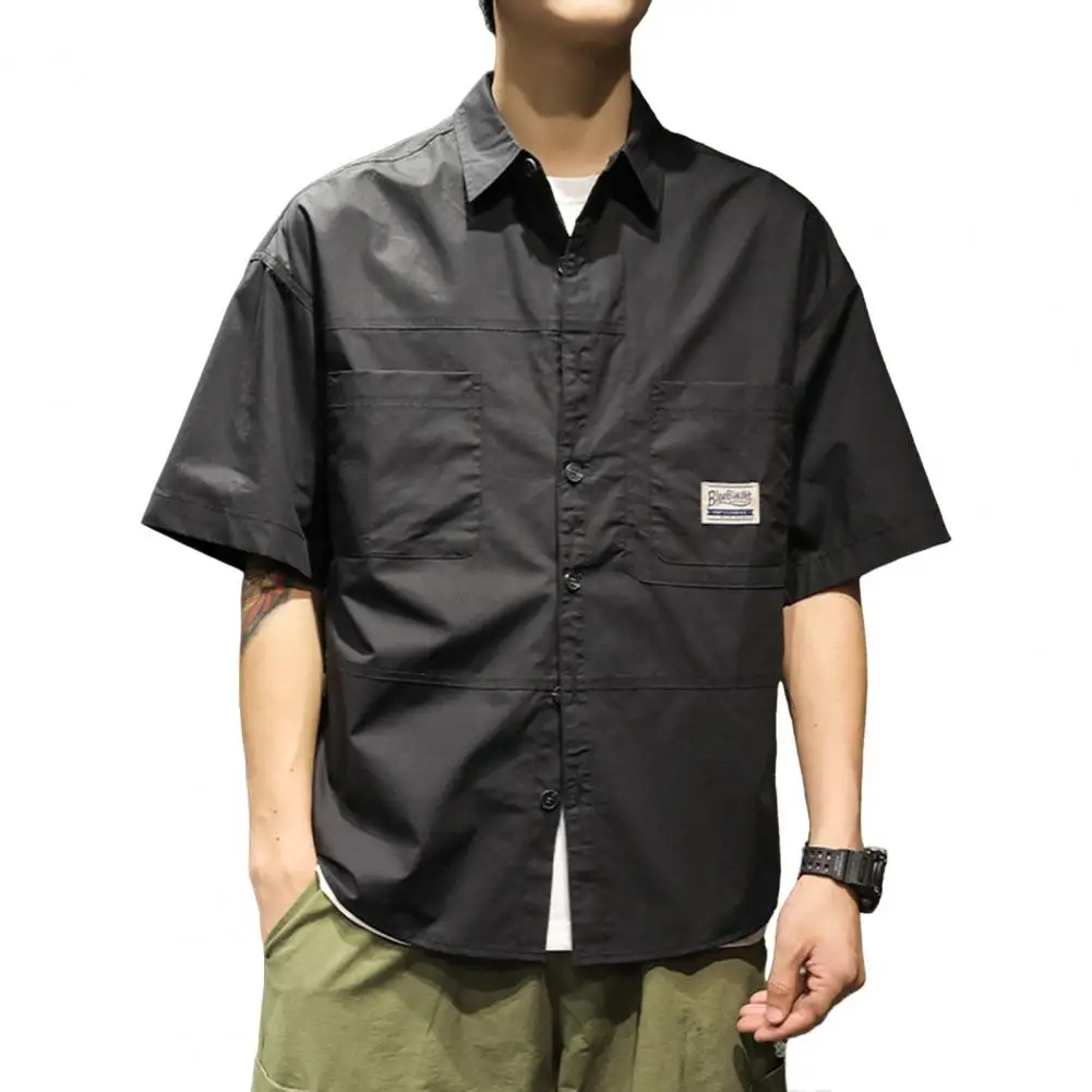 Single-breasted Work Shirt Men's Spring Cargo Shirt with Turn-down Collar Single-breasted Design Chest Pocket for Streetwear work card cover leather chest card cover chest tag cover access control card cover