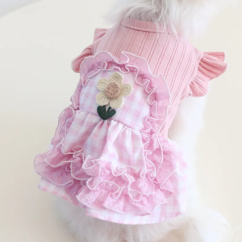 Spring/Summer Ruffled plaid Dress Embroidered Princess clothes forSmall Dogs Chihuahuas, Bichons outfit