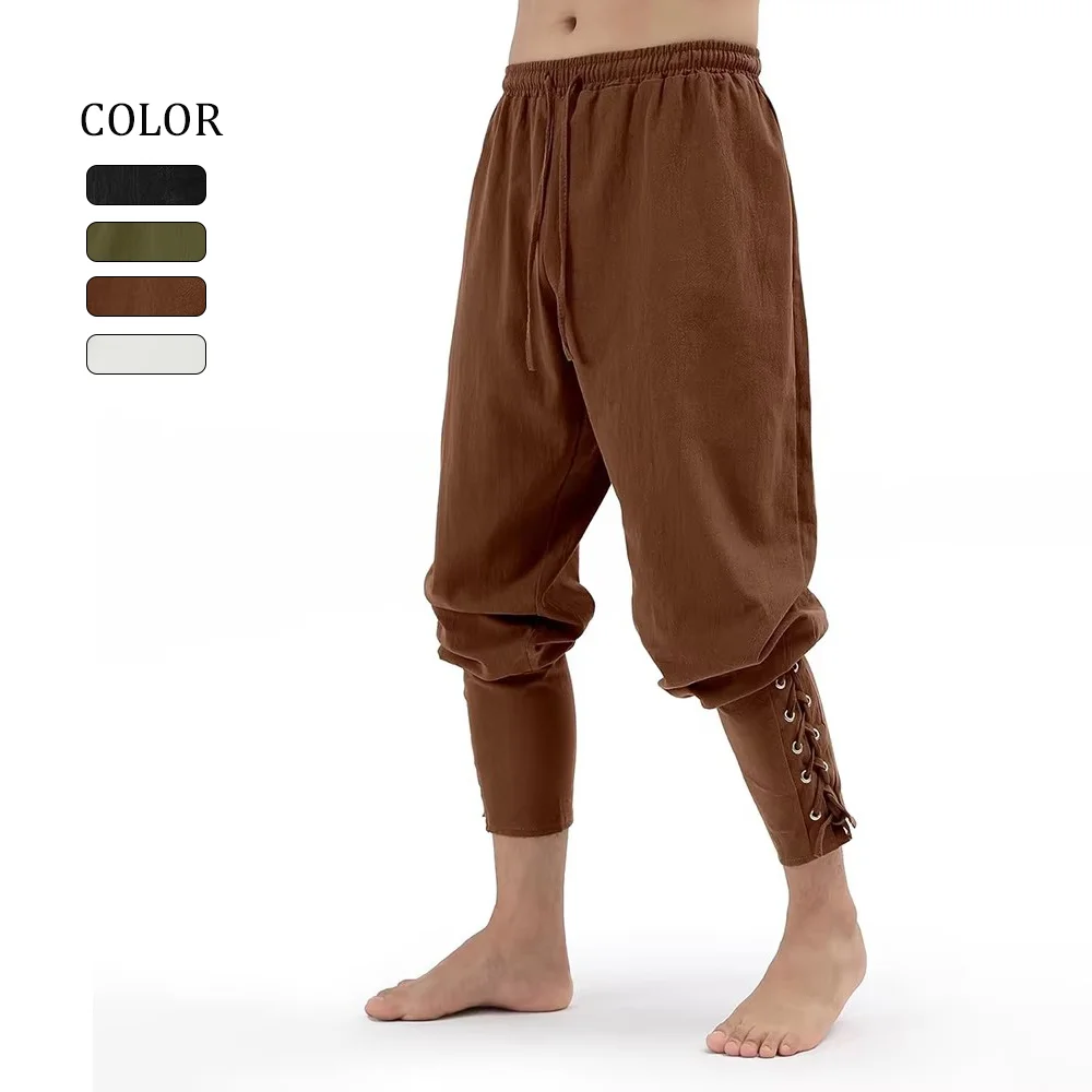 Men's Spring Summer Vintage Medieval Viking Cotton Linen Trousers Halloween Fashion Bottoms