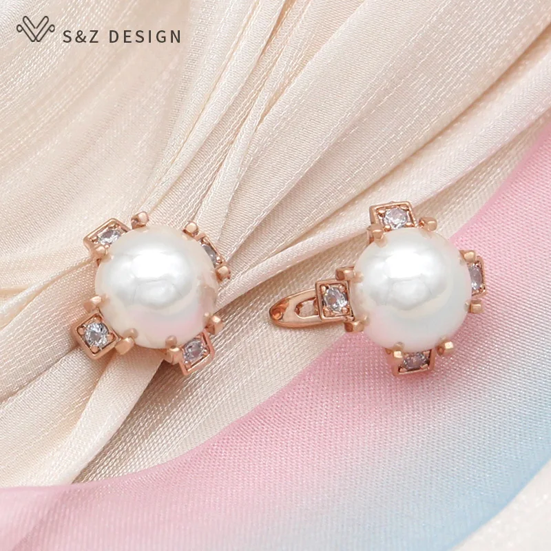 S&Z DESIGN New Fashion Luxury 585 Rose Gold Color Round Simulated-pearl Drop Earrings For Women Elegant Wedding Jewelry