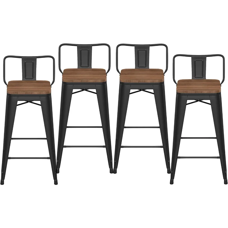 

HAOBO Home 24" Low Back Metal Counter Stool Height Bar Stools with Wooden Seat [Set of 4] Barstools, Matte Black