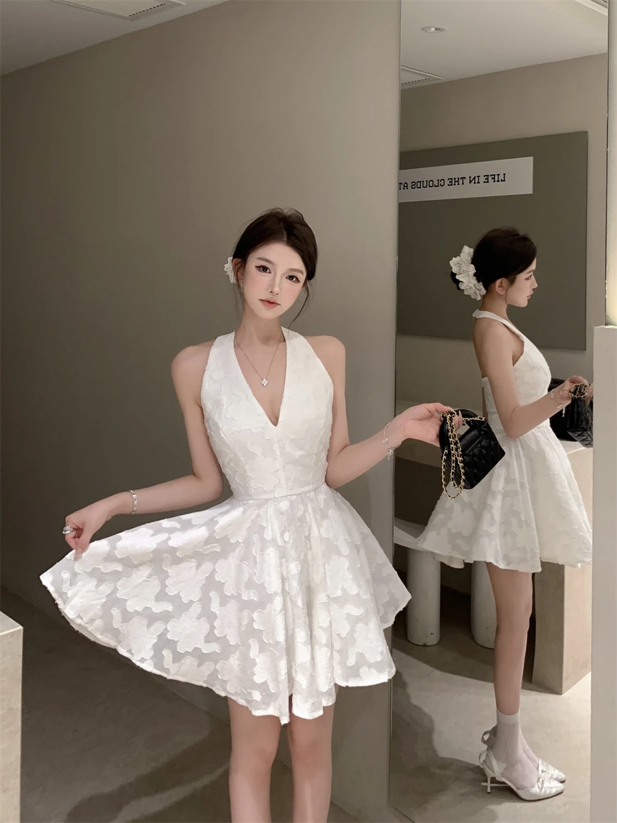 Y2K Halter Backless Short Dresses for Women V-neck Jacquard Sleeveless A-line Birthday Party Dress Prom Mini Vestidos Mujer New