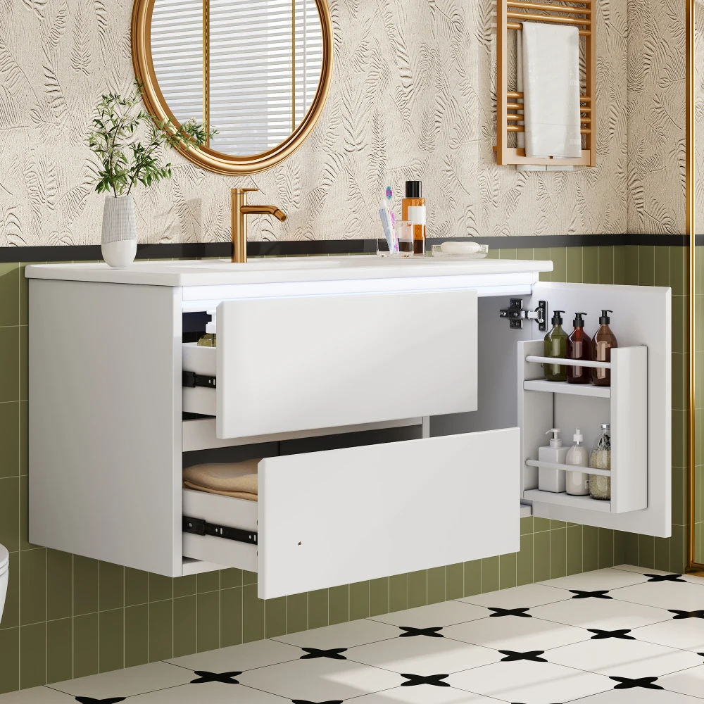 Wandmontierter Badezimmerschrank mit Vollverkleidung, Moderner Schwebender Aufbewahrungsschrank mit LED-Beleuchtung, Leiser Soft-Close-Funktion und Integriertem Waschbecken – Detail 14