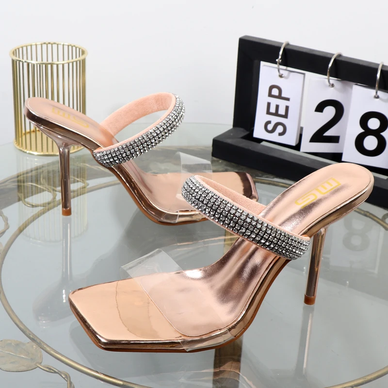 Rhinestone slippers 2022 foreign trade plus size women's shoes square transparent belt with stiletto heels outdoor sandals 10CM