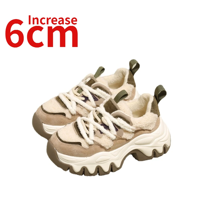 

Plush Shoes Women's Winter Wear Fashion Increased 6cm Genuine Leather Thick Soled Warm Wool Casual Sponge Shoes for Boots Women