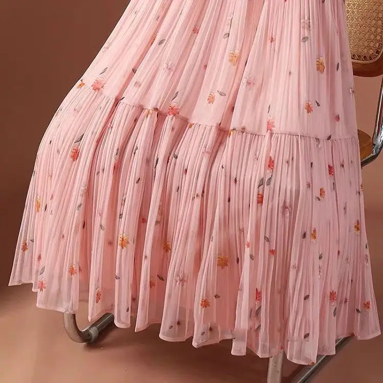 Printed Mesh Skirt Women's New Summer High-waisted Slimming Pleated Gauze Skirt Female Mid-length Drape A-line Large Swing Skirt