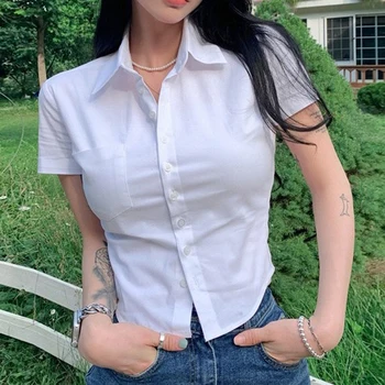 Casual Button OL Blouse Tops Summer Lady Korean Turn Down Collar Short Sleeve Slim White Black Blue Blouse Shirts CDPF-WYP-52 1