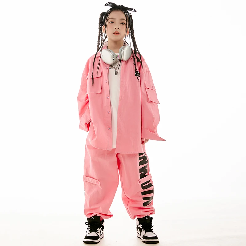 Girls Jazz Dance Costume Pink Long Sleeves Coat Pants Loose Hip Hop Suit Boys Street Dance Performance Wear Stage Clothes