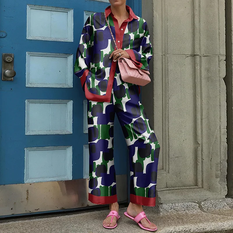 

Женский элегантный комплект из двух предметов, Повседневная рубашка с длинным рукавом и прямые брюки с принтом в уличном стиле на осень