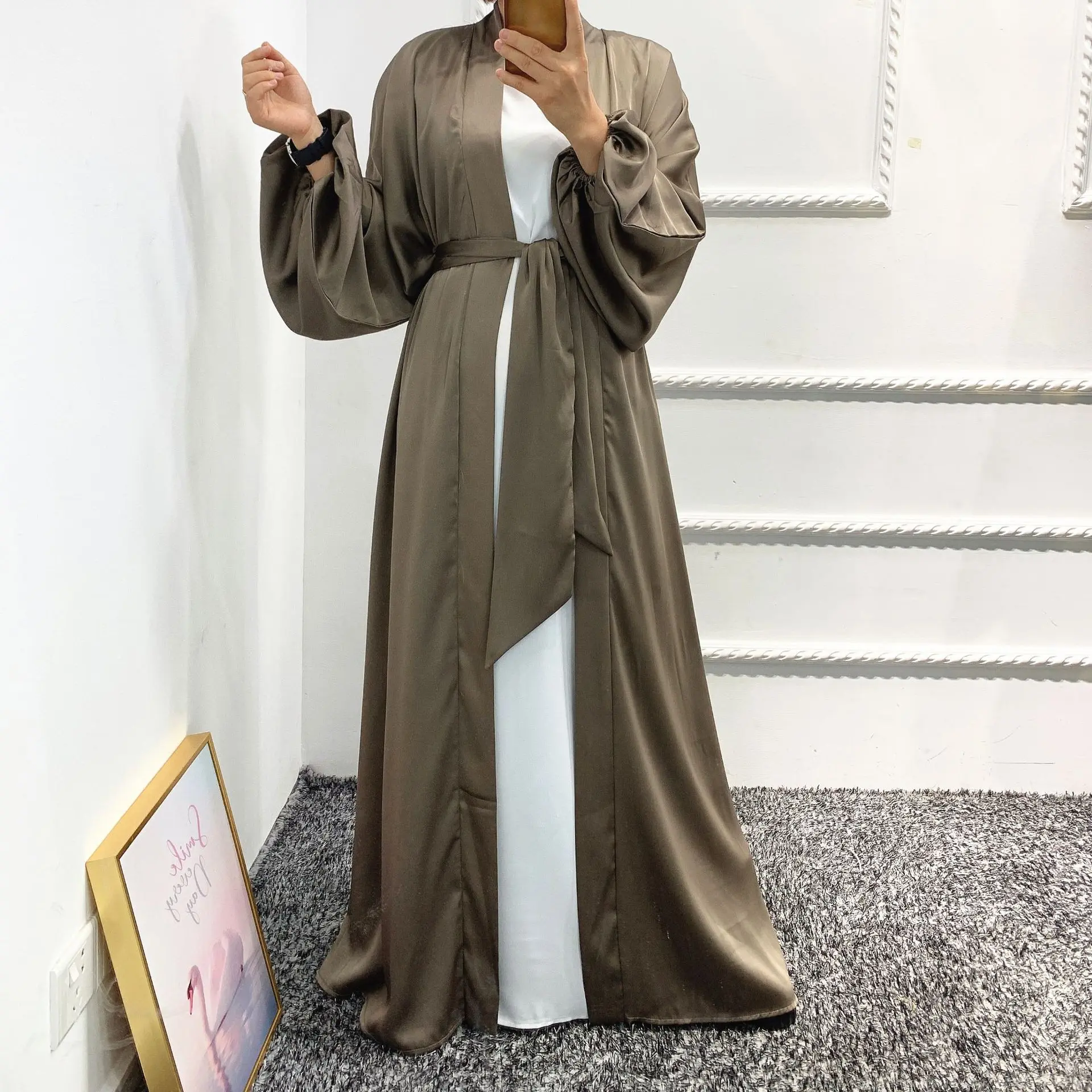 Satin Abaya Kimono Turkey Abayas for Women Dubai Muslim Fashion Hijab Dress Balloon Sleeve Islam Clothes Outfits Cardigan Kaftan