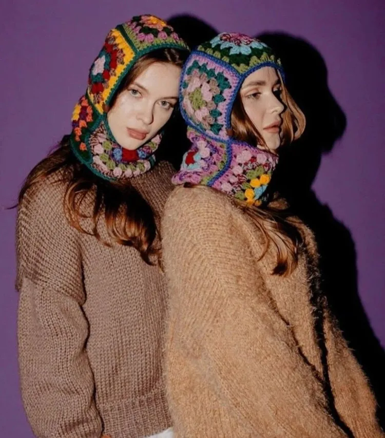 Colorful wool knit Balaclava Granny wooden Square Winter warm Crochet Hoodie hat, Winter Accessories