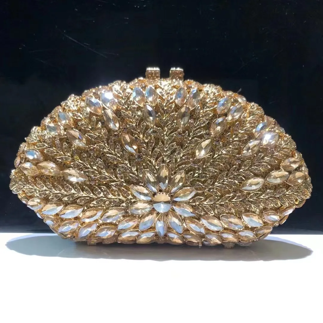 

Gold Evening Bag Crystal Party Bag Fan Shape Rhinestone Clutches For Women Formal Bridal Wedding Purses Luxury Diamond Handbags