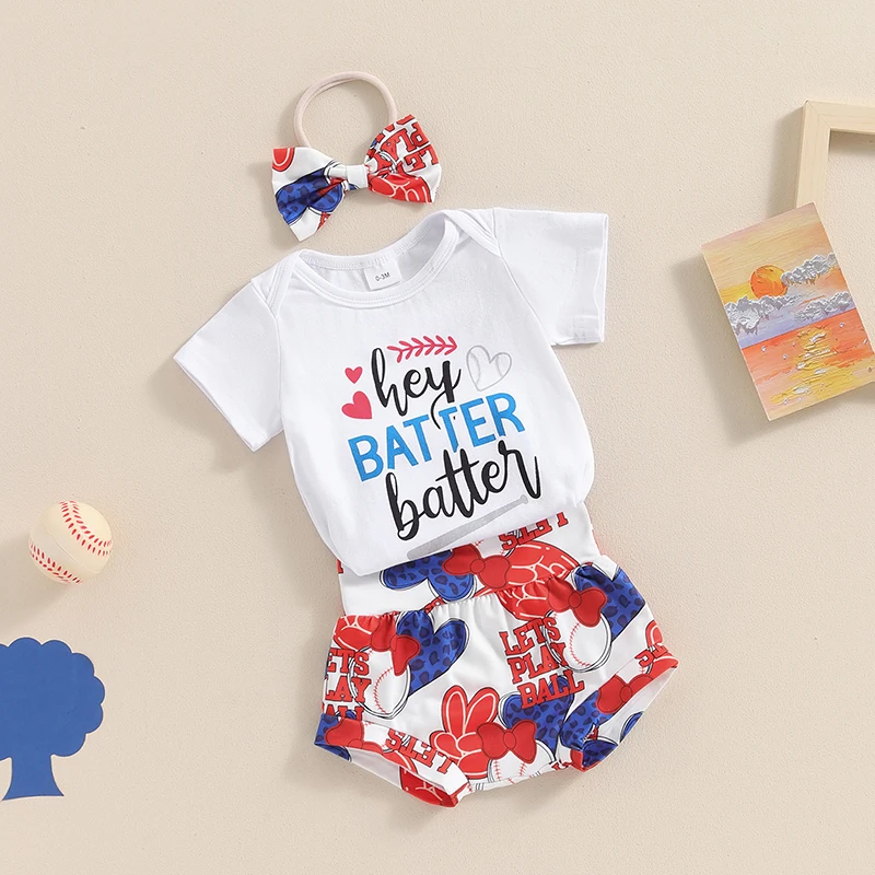 

Mubineo Newborn Baby Girl Baseball Outfit Hey Batter Romper Bloomer Shorts Set 3Pcs Infant Summer Clothes