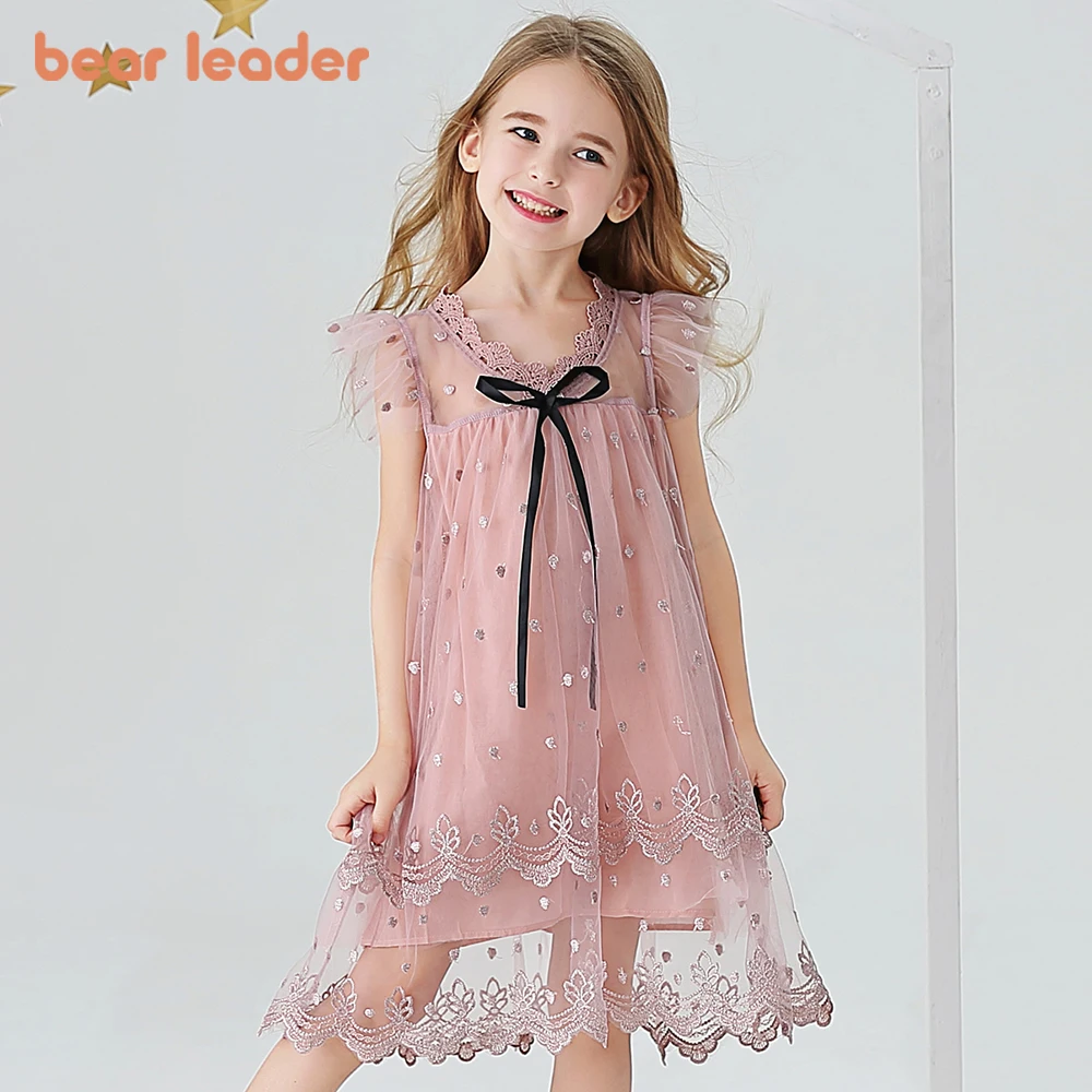 Urso líder meninas vestido 2023 novo verão malha meninas roupas rosa applique vestido de princesa crianças verão roupas do bebê meninas vestido