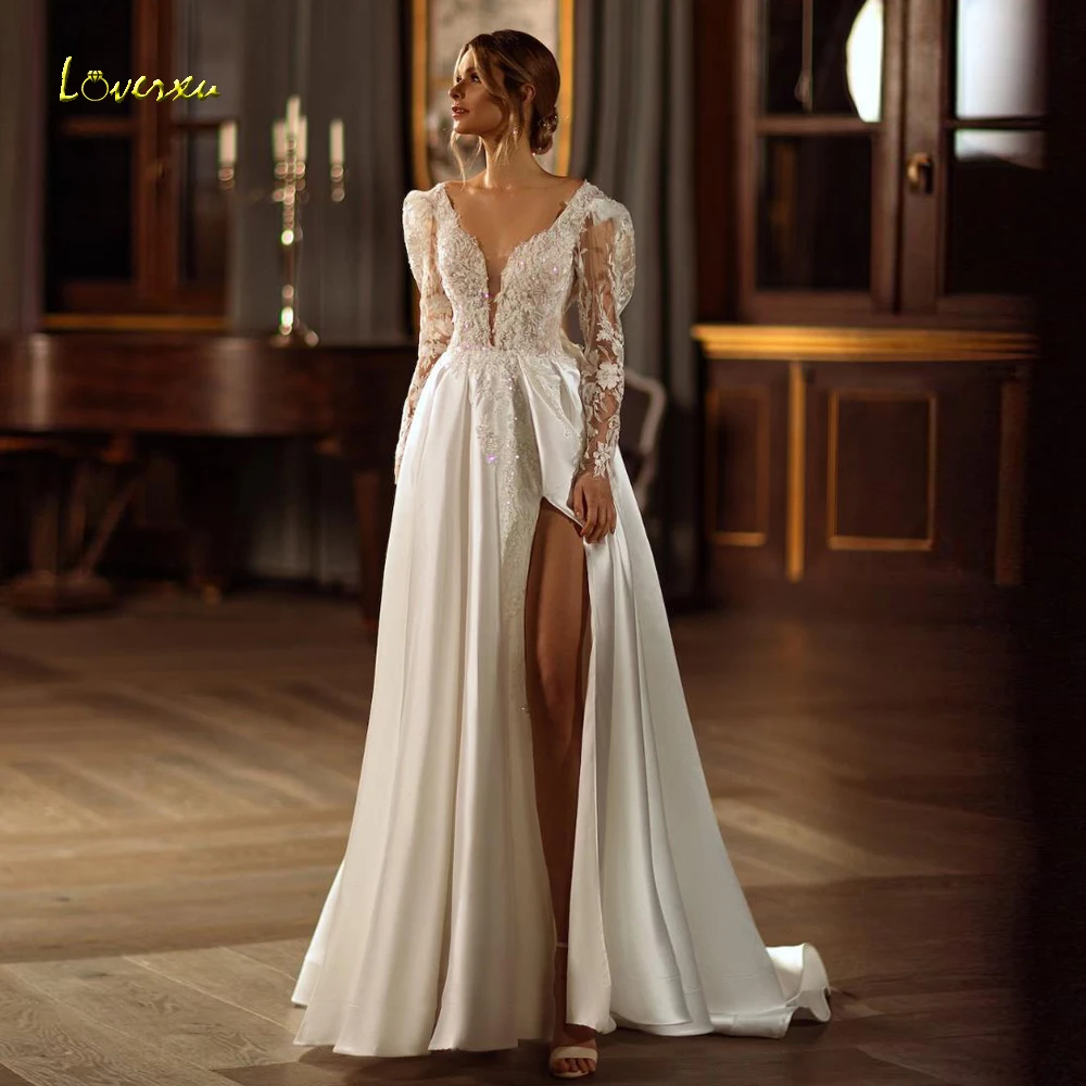 

Loverxu A-Line Graceful Wedding Dresses 2024 Scalloped Long Sleeve Vestido De Novia Lace Embroidery Matte Satin Robe De Mariee