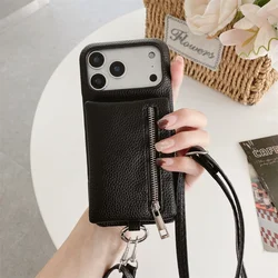 Elegant Leather Crossbody Zipper Wallet Phone Case with Card Holder and Protective Cover - iPhone 15 (Black)