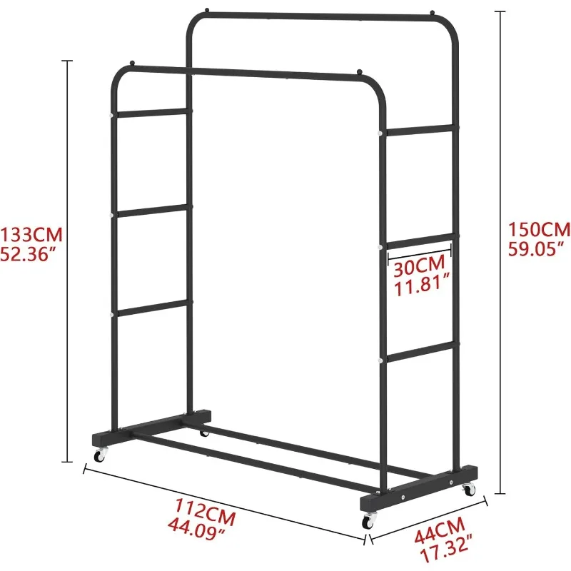 Double Rods Clothing Rack with Wheels, Garment Rack for Hanging Clothes, Multi-functional Bedroom Clothes Rack, Black 5