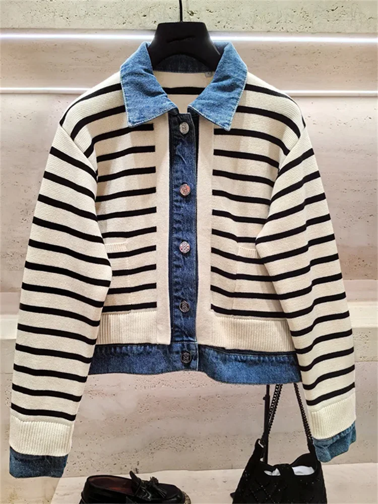 

Women Jacket Striped Denim Spliced Fake Two Pieces 2024 New Turn Down Collar Single Breasted Casual Coat