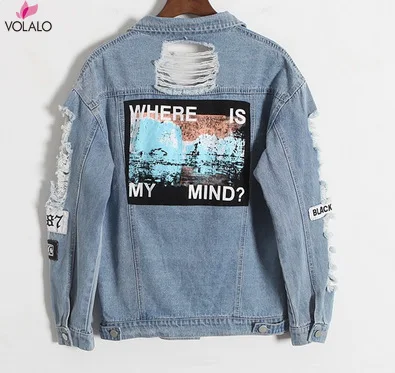 

VOLALO Women Frayed Denim Bomber Jacket Appliques Print Where Is My Mind Lady Vintage Elegant Outwear Autumn Fashion Coat 2024