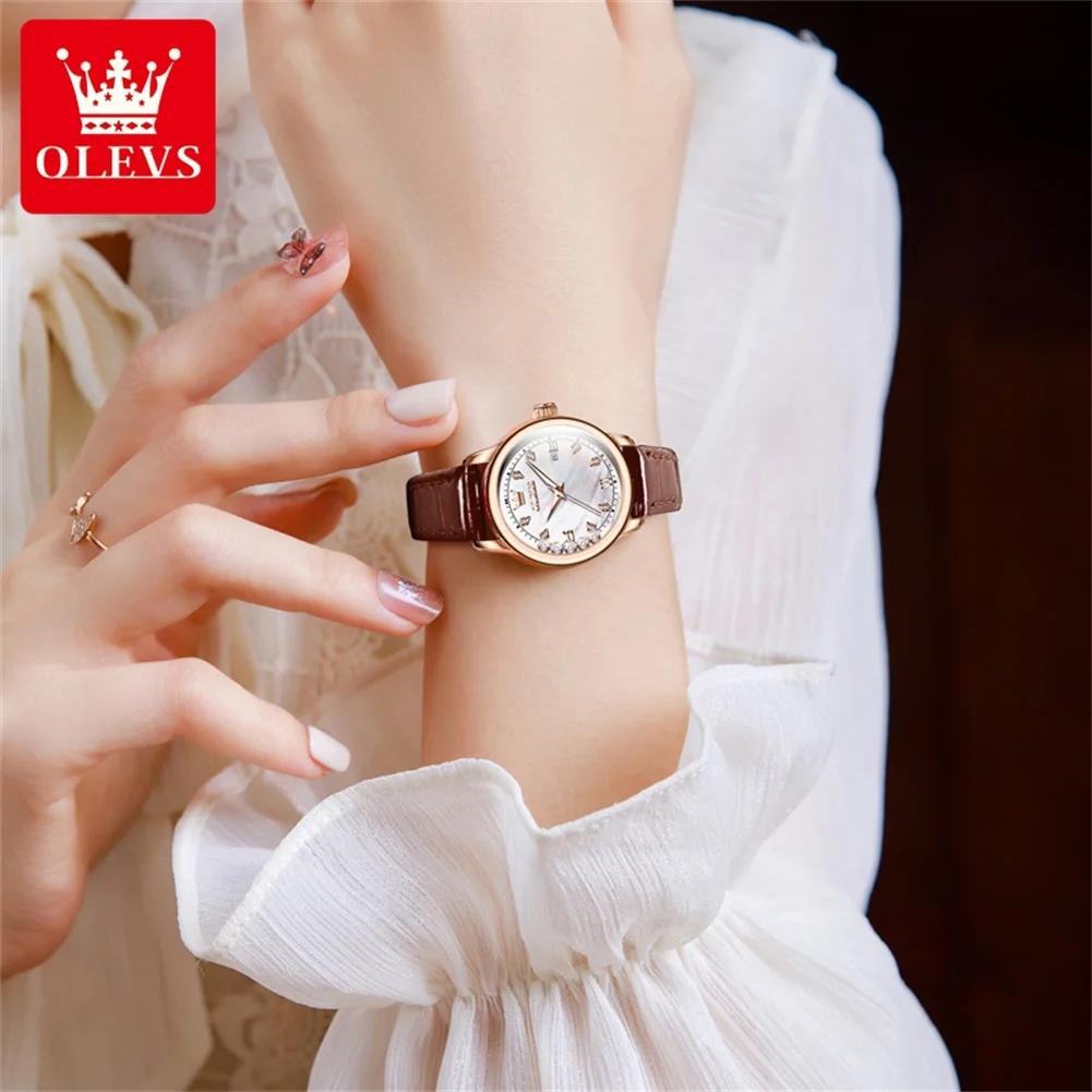 OLEVS-Relógio de pulso feminino quartzo luminoso impermeável, relógio bracelete de luxo, caixa de presente, pulseira de couro, novo