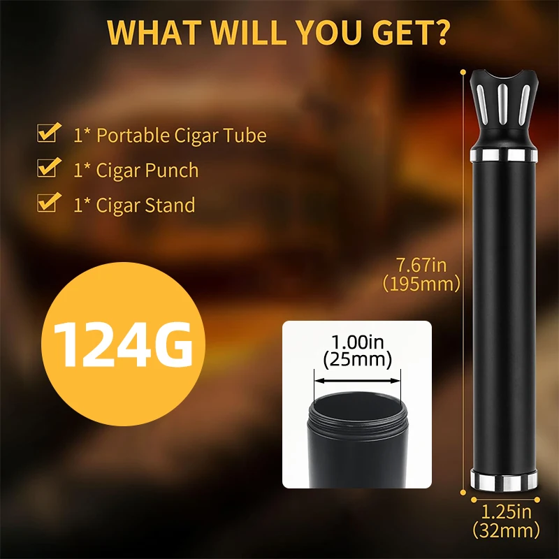 Cigar Tube Aluminum Metal Air Tight ,Smell-Proof Case Tube, Cigars Travel Case 3-in-1 Multifunctional with Cigar Holder&Punch