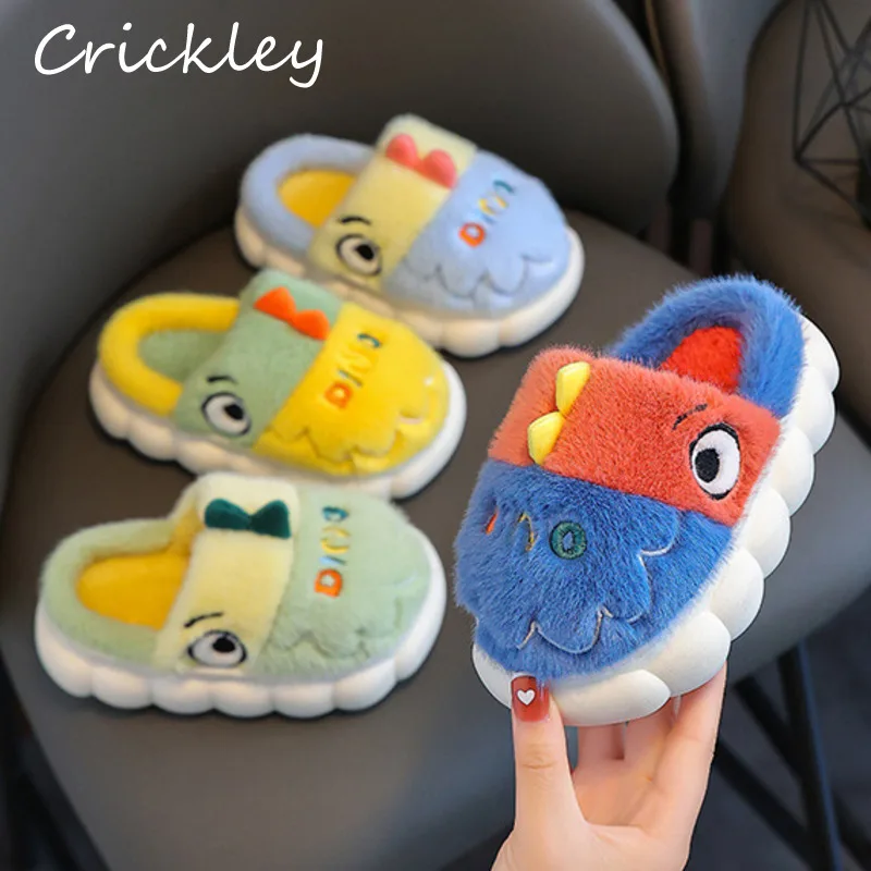 

2023 Cartoon Dinosaur Toddler Kids Slippers Winter Plush Warm Boys Girls Flat Indoor Shoes Soft Non Slip Children Slippers