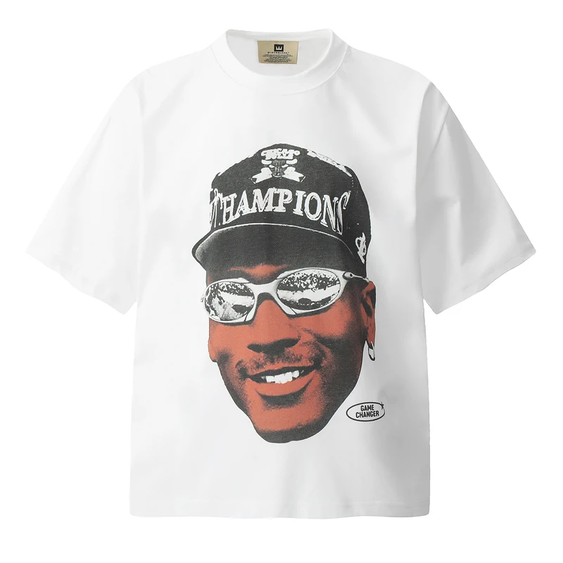 

Classic White T-shirt American High Street Trend Cool Boy Head Print Short Sleeve Hip Hop Style Men's Women's Clothing