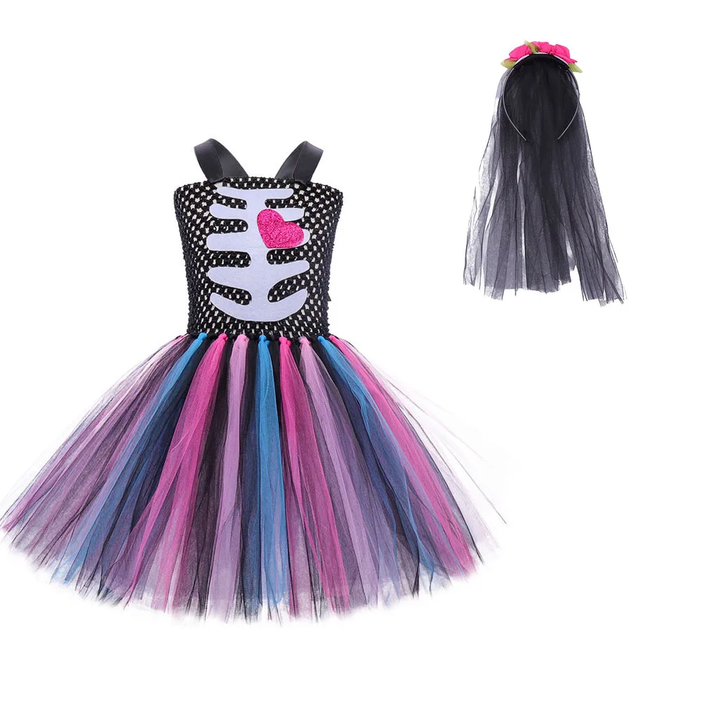 thumbnail image 1 of Vestido de novia zombi para niñas, disfraz de esqueleto para actuación, falda esponjosa de princesa Banshee con calavera aterradora para Halloween, 1 of 5
