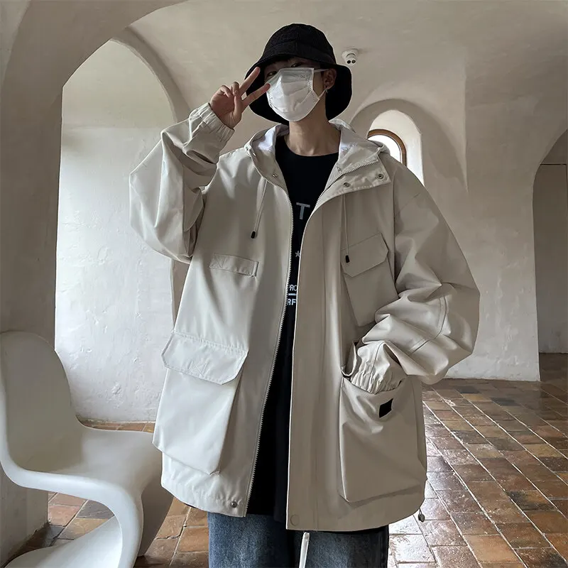 Lässige Herren-Jacken mit Kapuze in Unifarben für Outdoor-Aktivitäten, Frühjahr/Herbst 2026, Streetwear mit Reißverschluss, Windbreaker, Jugendliche Loose-Fit Oberteile, Kapuzenpullover – Detail 10
