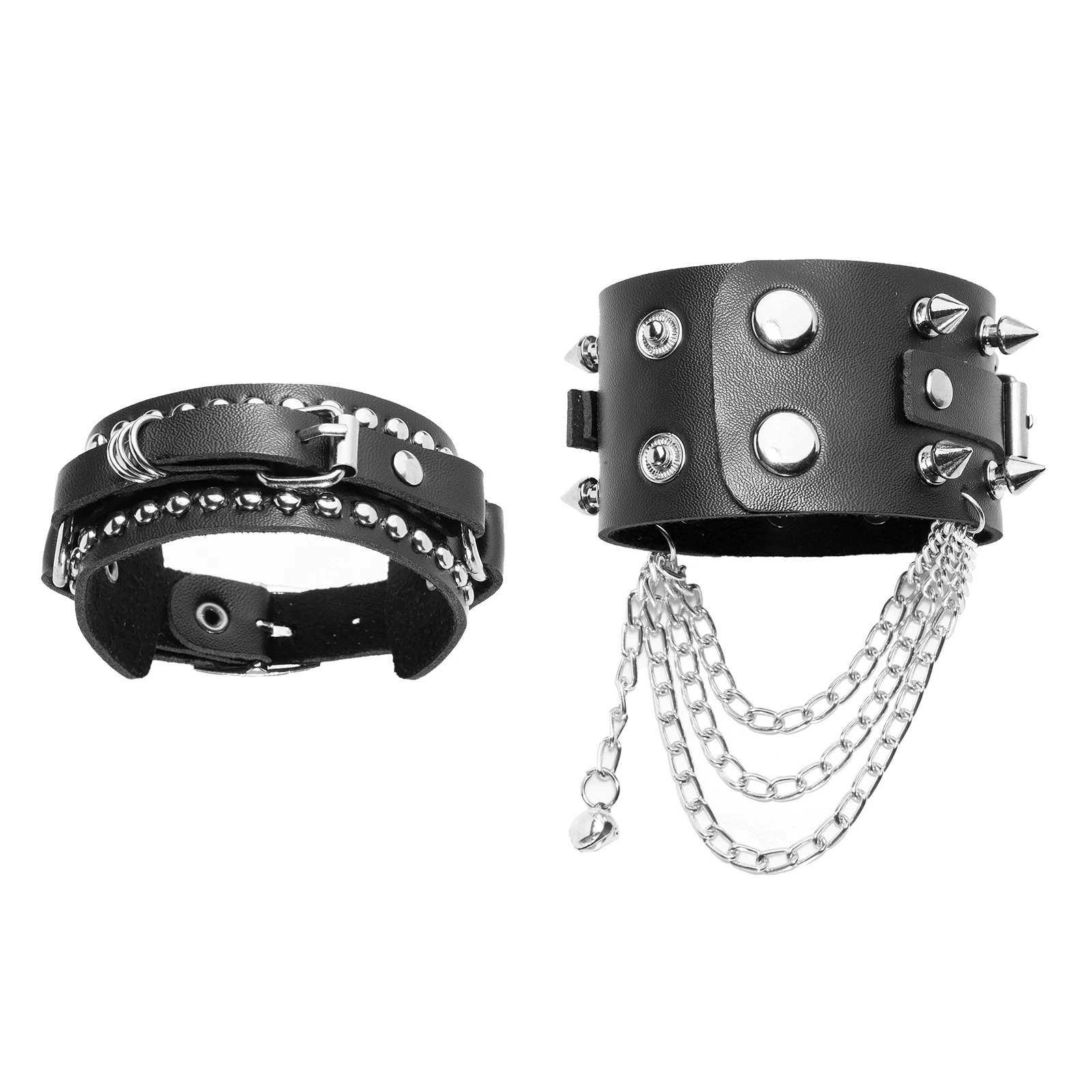 

Gothic Rock Bangle Wide Cuff Bracelet PU Leather Wristband Rivets Chain Bell Bracelet Steampunk Body Jewelry Rave Party Cosplay