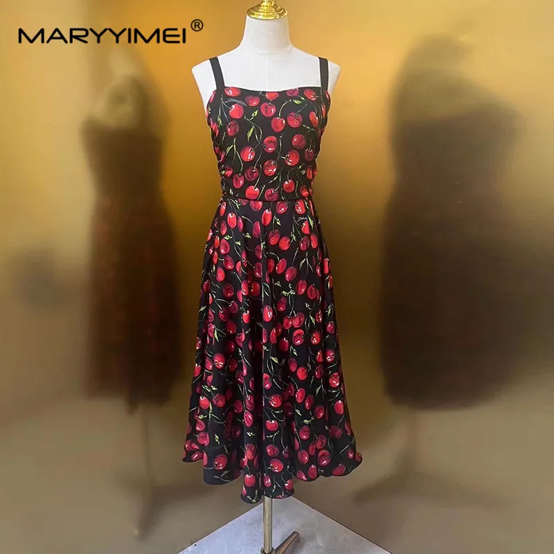 

MARYYIMEI Fashion Designer Summer Women's dress Spaghetti Strap Cherry print Ruched Waist up Elegant Holiday Silk Dresses