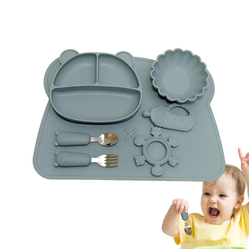 

Silicone Baby Feeding Flatware Set 6pcs Baby Eating Set Baby Weaning Supplies Silicone Divided Suction Plate Easy Grip Kids