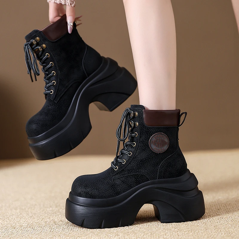 Aphixta Classic 9cm High Heels Woman Ankle Boots Lace Up Suede Platform Woman Shoes Chunky Heel High Quality Suede Lady Footwear