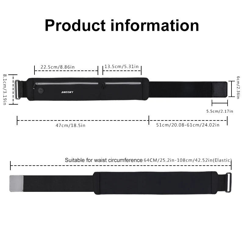 Haissky 남녀공용 방수 스포츠 러닝백, 더블 지퍼 허리띠, 휴대폰 파우치, 체육관 신축성 피트니스 허리팩 가방, 신제품