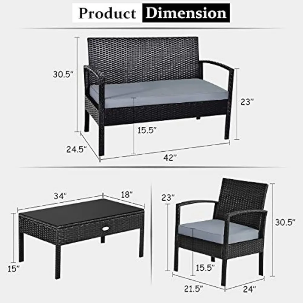 4PCS Patio Rattan Furniture Set, Outdoor Wicker Conversation Set with Tempered Glass Coffee Table, Seat Cushions 2
