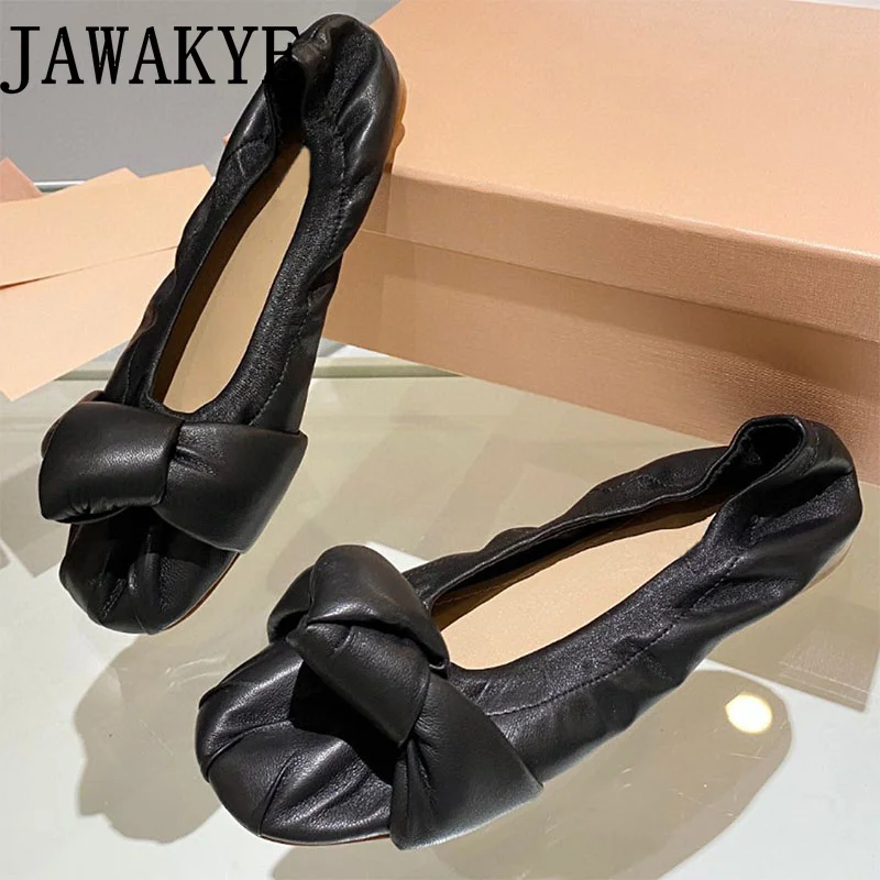 

JAWAKYE Leather Ballet Flats Women's Loafer Spring Flat Mules Slip on Lazy Ladies Luxury Straw Thick Bottom Round Toe Doug Shoes