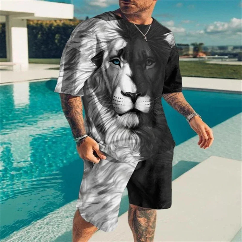 

Men's 3D lion printed T-shirt set, outdoor leisure sports round neck short sleeved top and shorts set, urban fashion clothing