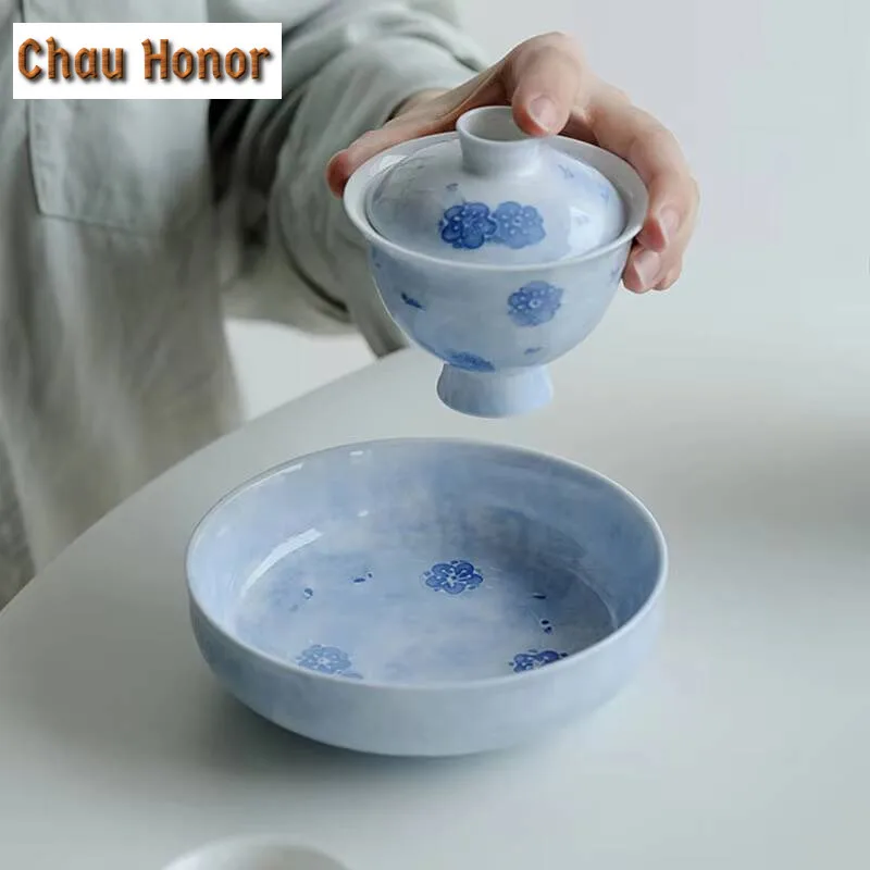 Pure Hand-painted Fog Blue Cherry Blossom Pot Bearing Ceramic Household Dry Brewing Small Tea Tray Cover Bowl Tray Fruit Plates