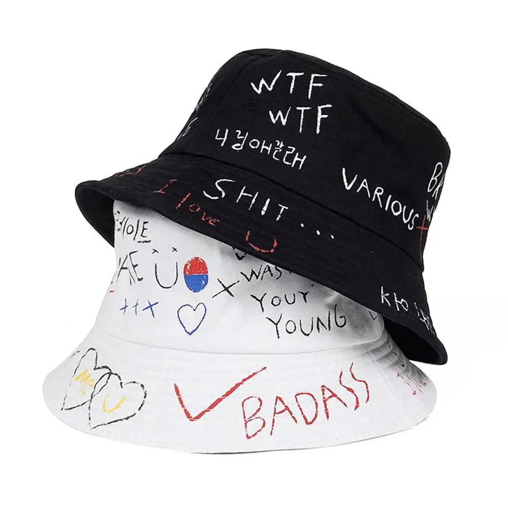 Harajuku Eimer Hut Unisex Graffiti Brief Frauen Männer Angeln Fischer Hut Sommer Outdoor lässig Panama Hip Hop Kappe – Detail 9
