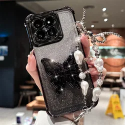 Gradient Glitter Pearls Butterfly Wrist Chain Holder Stand Shockproof Case - EDGE 70 Fusion 5G (Black)