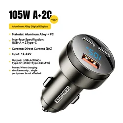 Essager 105W USB C Car Charger with Quick Charge Technology - Gunmetal Grey